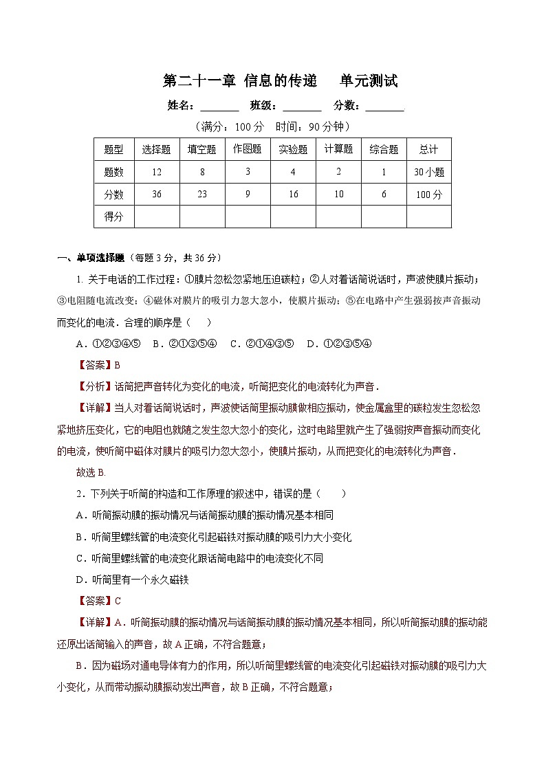 人教版初中物理九年级全一册 第21章《信息的传递》单元测试（原卷+解析版）01