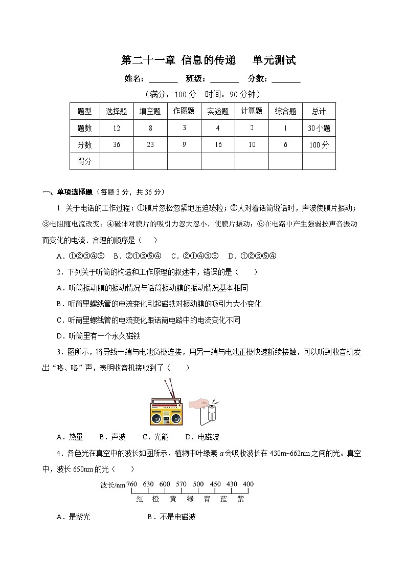 人教版初中物理九年级全一册 第21章《信息的传递》单元测试（原卷+解析版）01