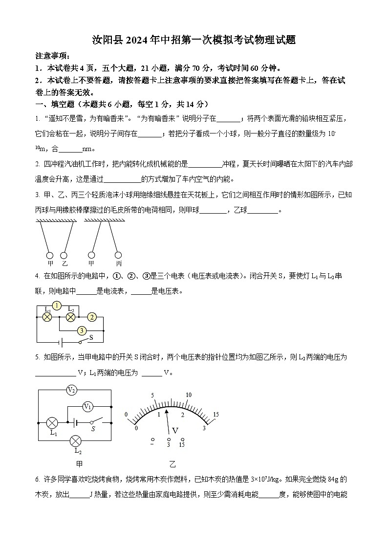 2024年河南省汝阳县中考一模物理试题（原卷版+解析版）01