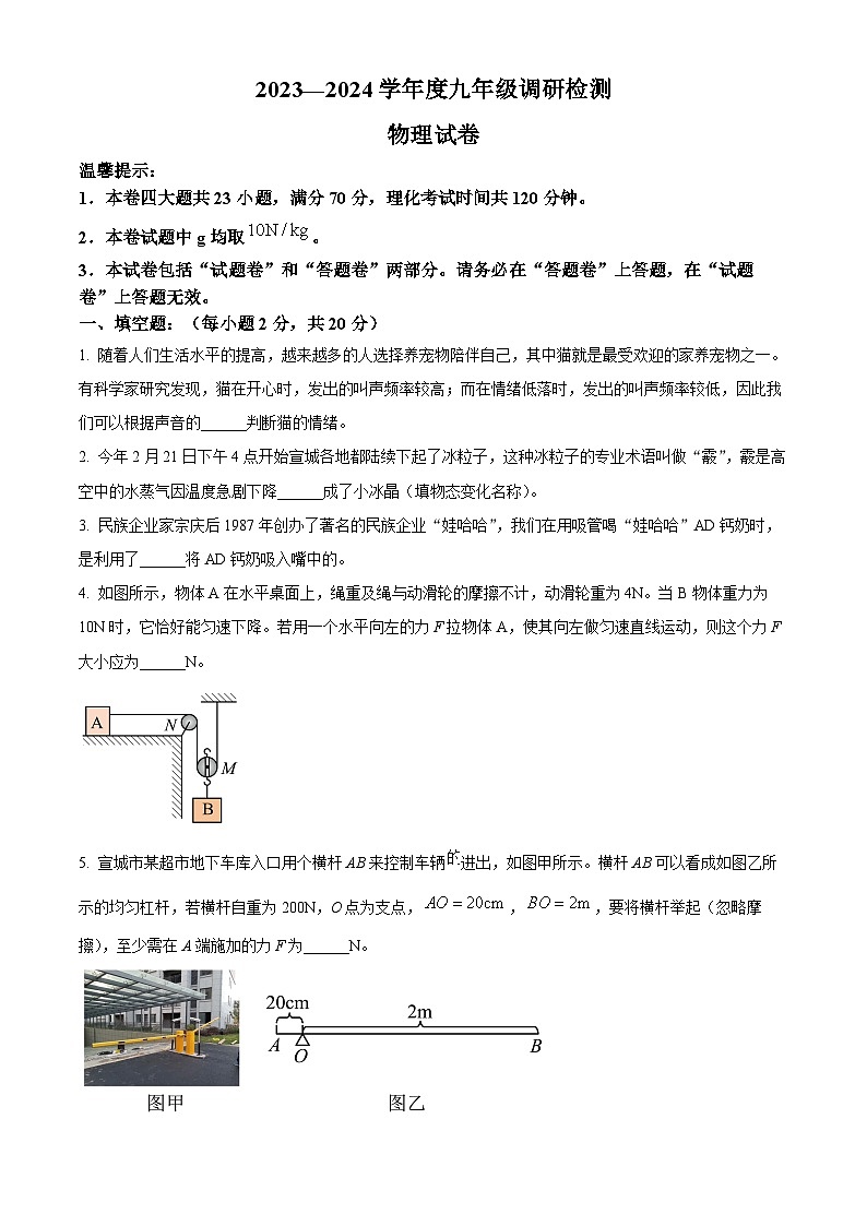 2024年安徽省宣城市中考一模物理试题（原卷版+解析版）01
