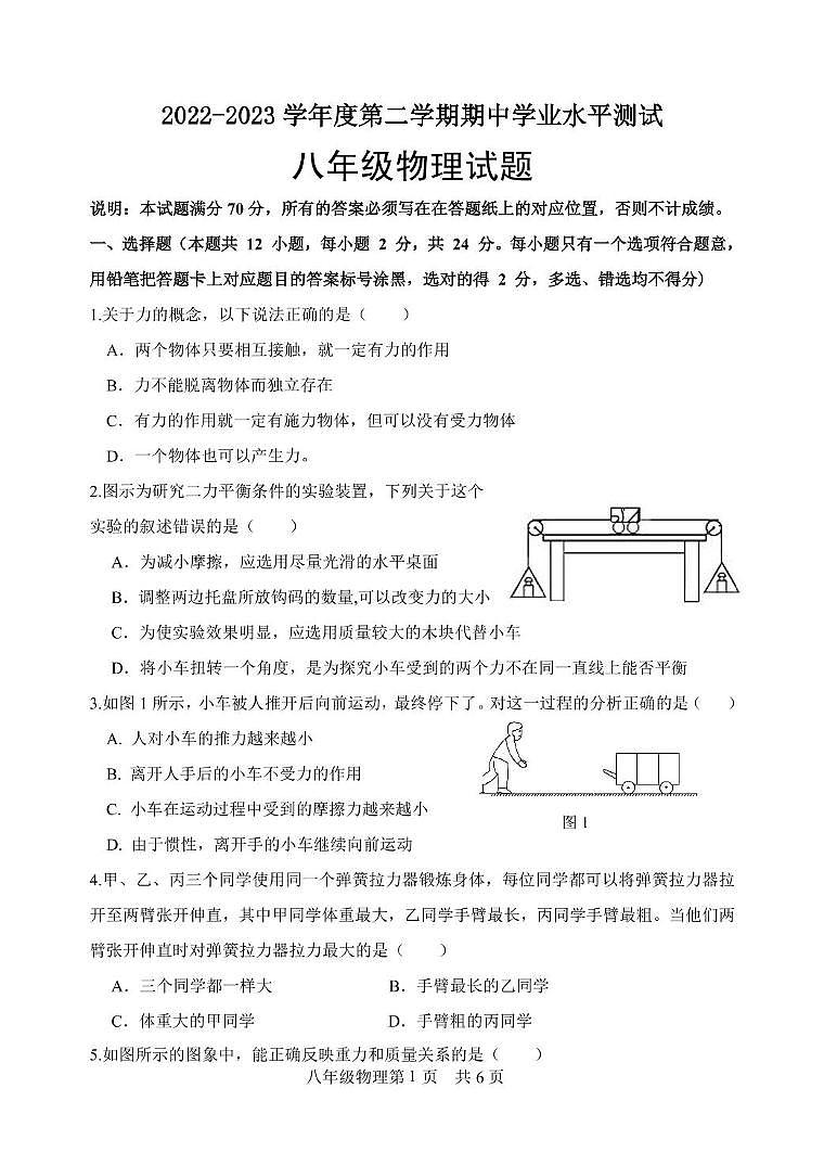 山东省菏泽市巨野县2023-2024学年八年级下学期期中考试物理试题01