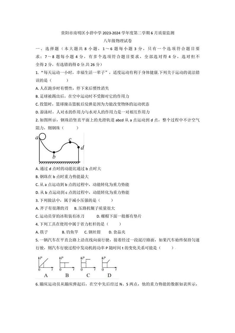 [物理]贵州省贵阳市南明区小碧中学2023～2024学年度八年级下学期6月质量监测物理试卷(有答案)第1页