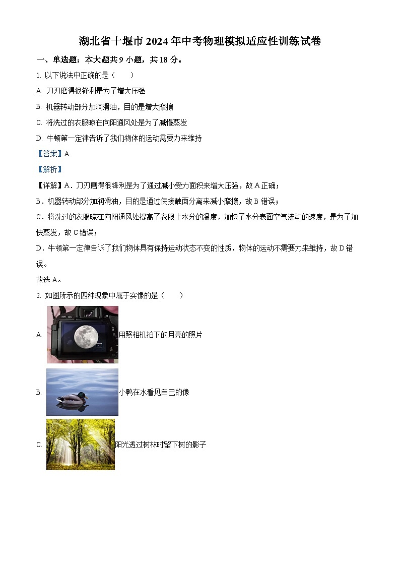 2024年湖北省十堰市中考模拟适应性训练物理试题（解析版）第1页