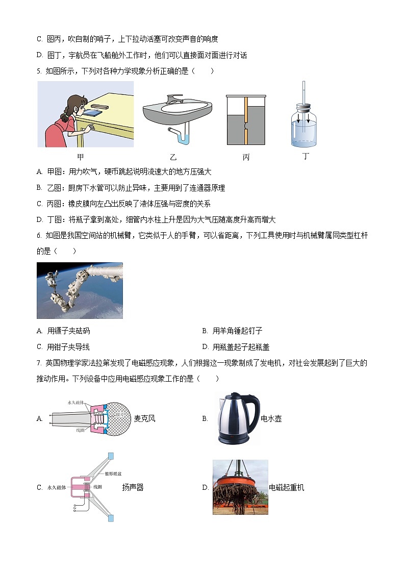 2024年四川省乐山市沙湾区中考一模物理试题（原卷版）02