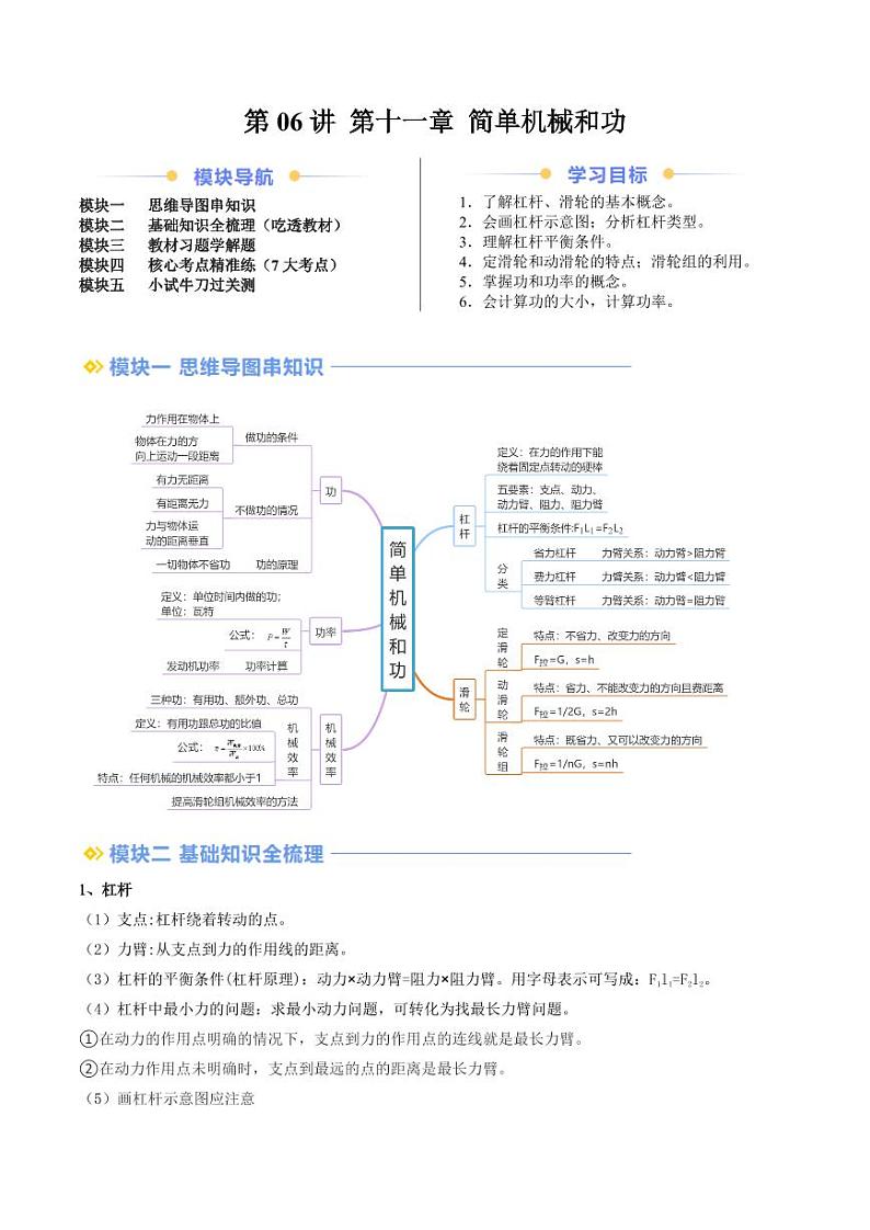 第06讲 第十一章 简单机械和功（学生版） 2024年新九年级物理暑假提升讲义（苏科版）第1页