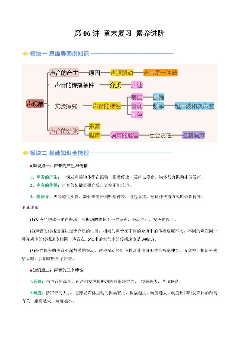 第06讲 章末复习 素养进阶（教师版）（预习） 2024年新八年级物理暑假提升讲义（苏科版2024）第1页
