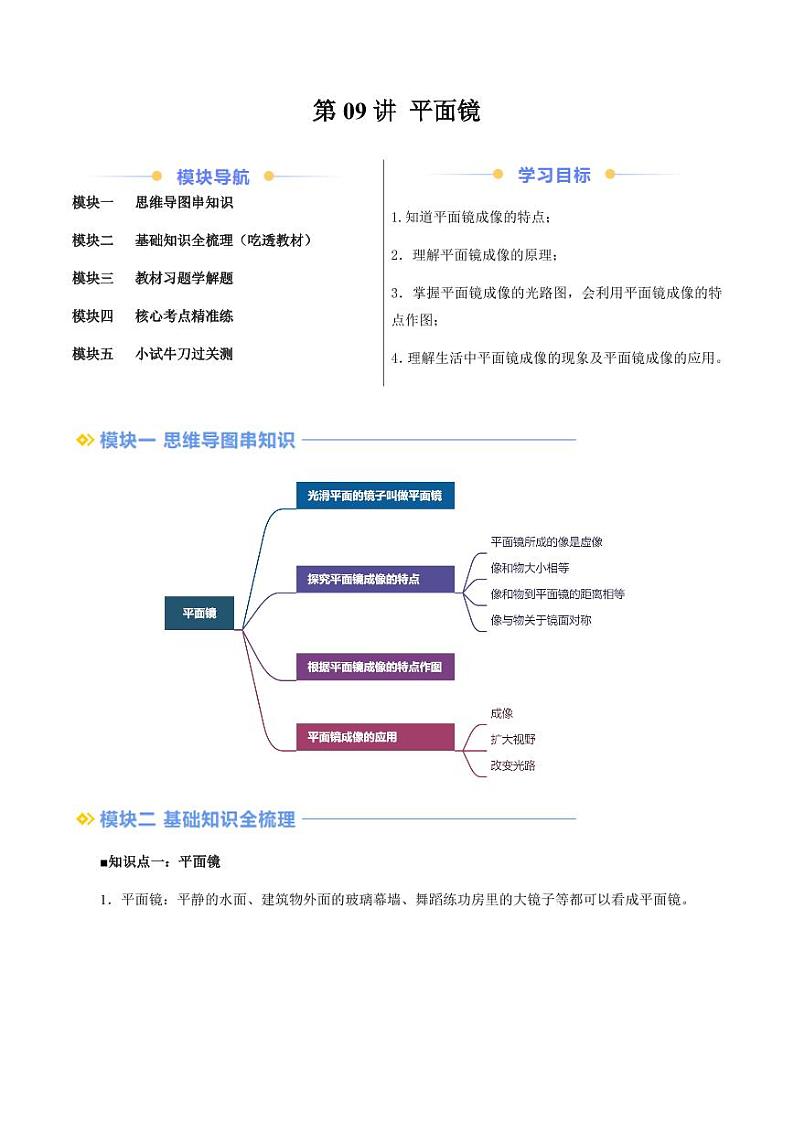 第09讲 平面镜（含答案）（预习） 2024年新八年级物理暑假提升讲义（苏科版2024）01