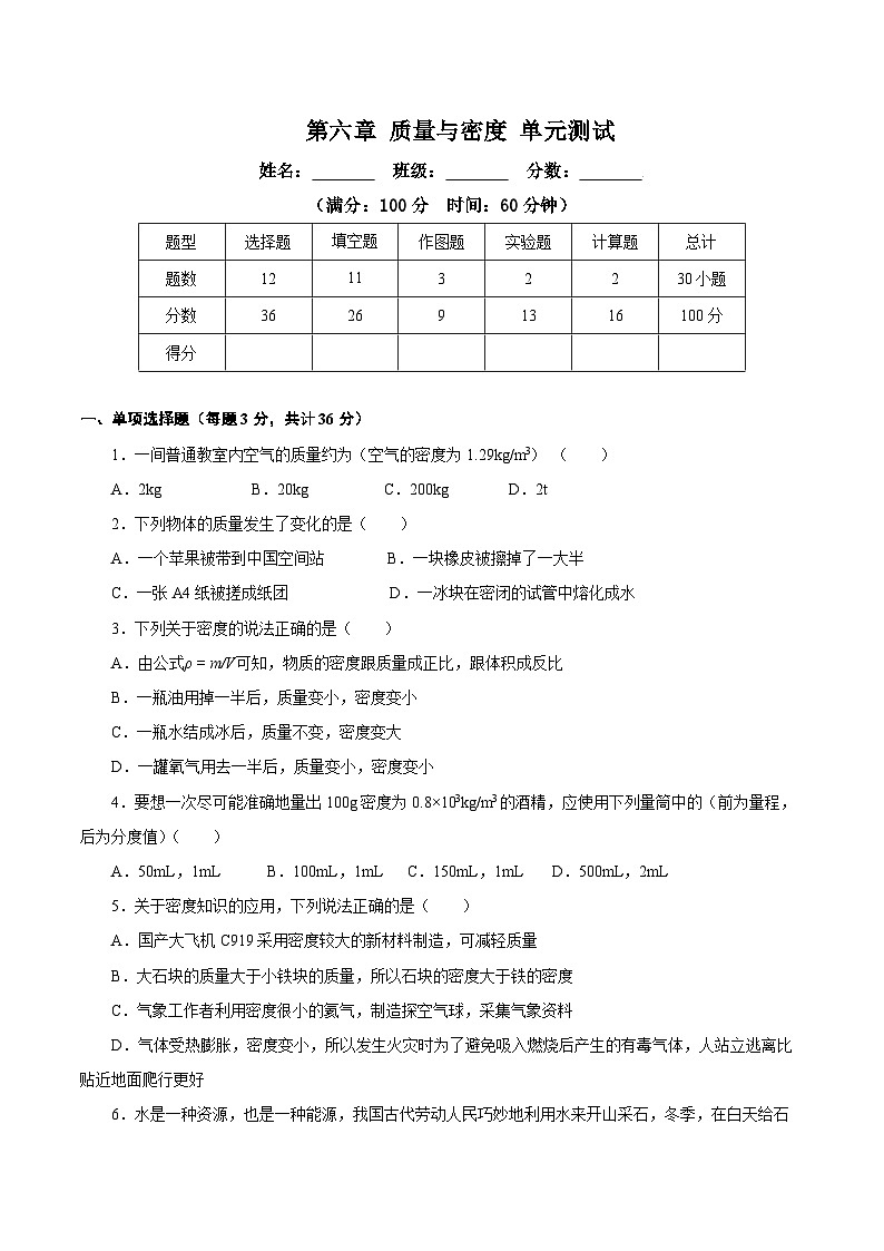 人教版初中物理八年级上册 第六章《质量与密度》单元测试（原卷+解析卷）01