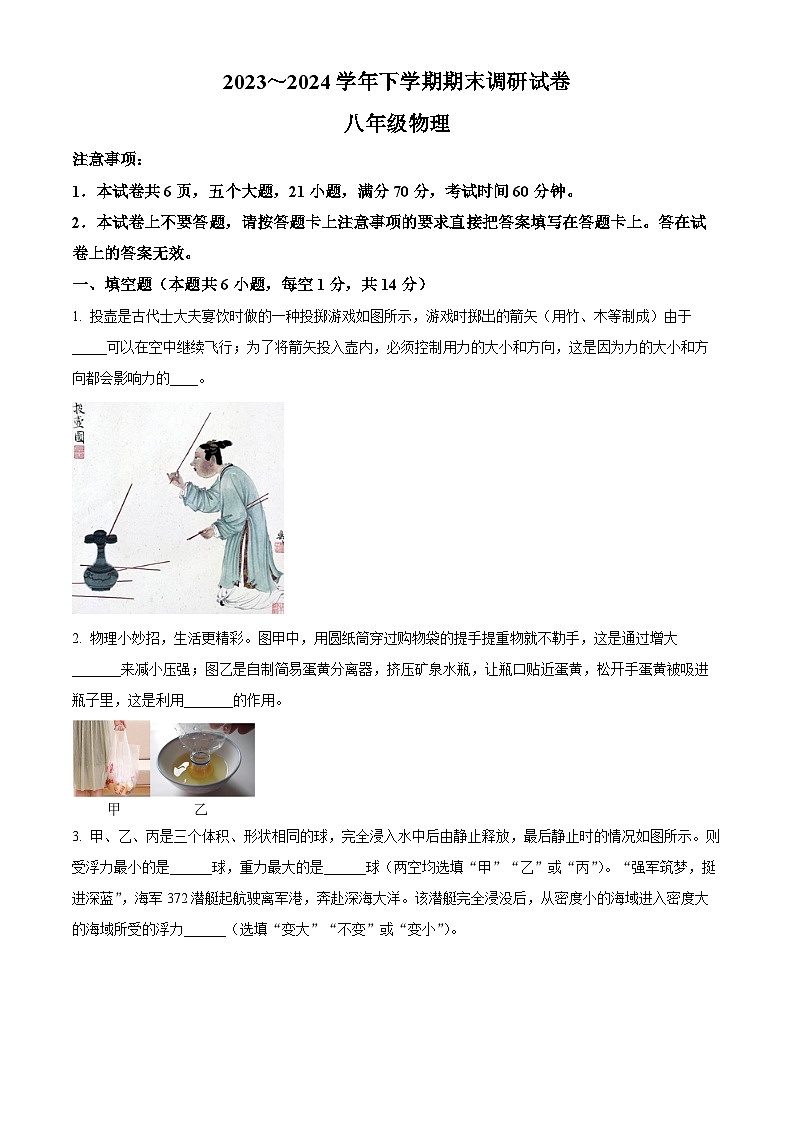 河南省舞钢市2023-2024学年八年级下学期期末调研物理试题（原卷版+解析版）01