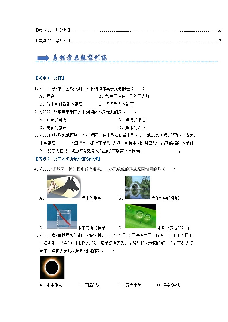 综合复习（光现象易错60题22大考点）-2024年八年级物理上册讲义（人教版）02