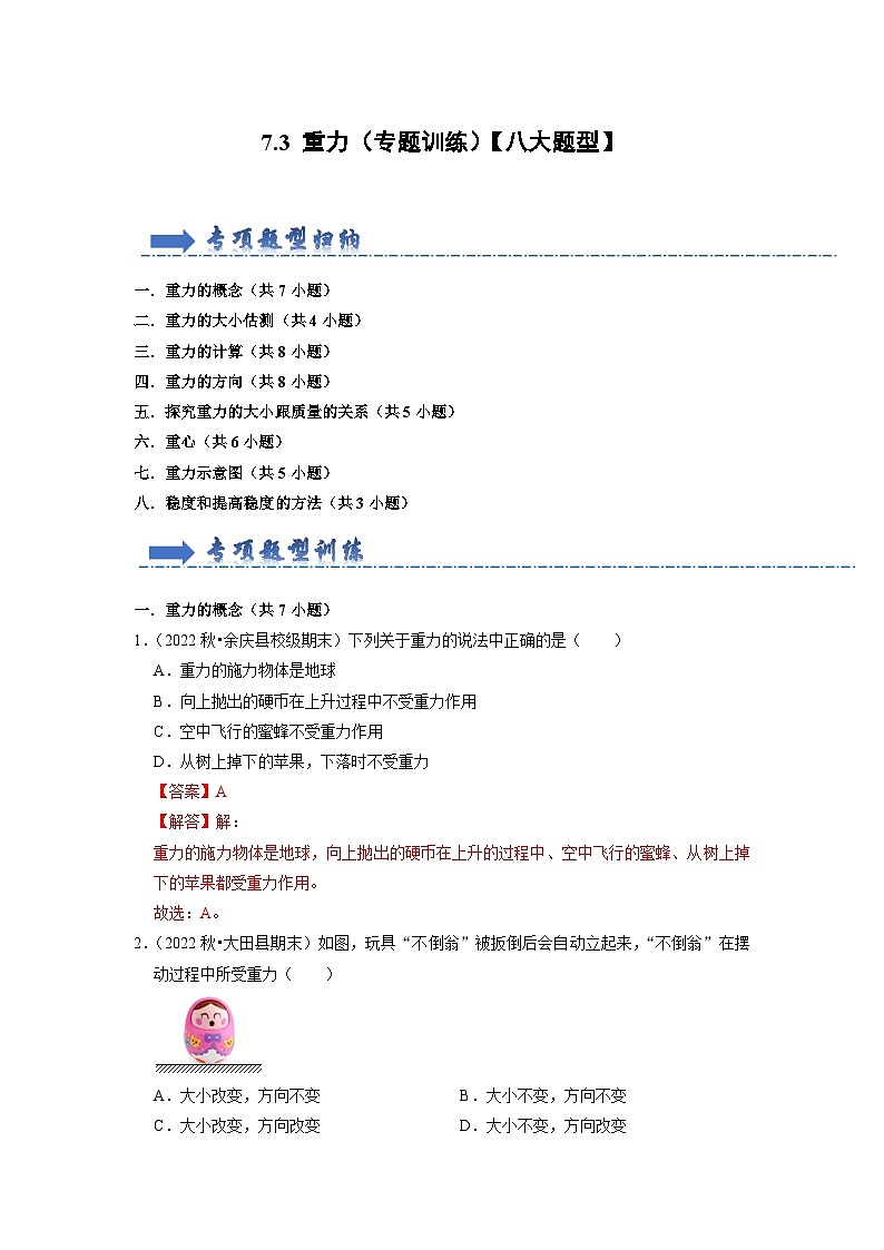 7.3 重力（专题训练）【八大题型】-2024年八年级物理下册讲义（人教版）01