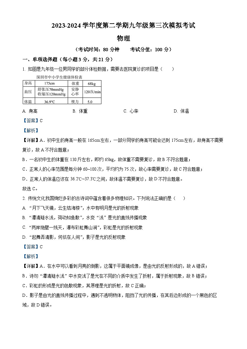 2024年广东省东莞市部分学校中考第三次模拟物理试题（解析版）01