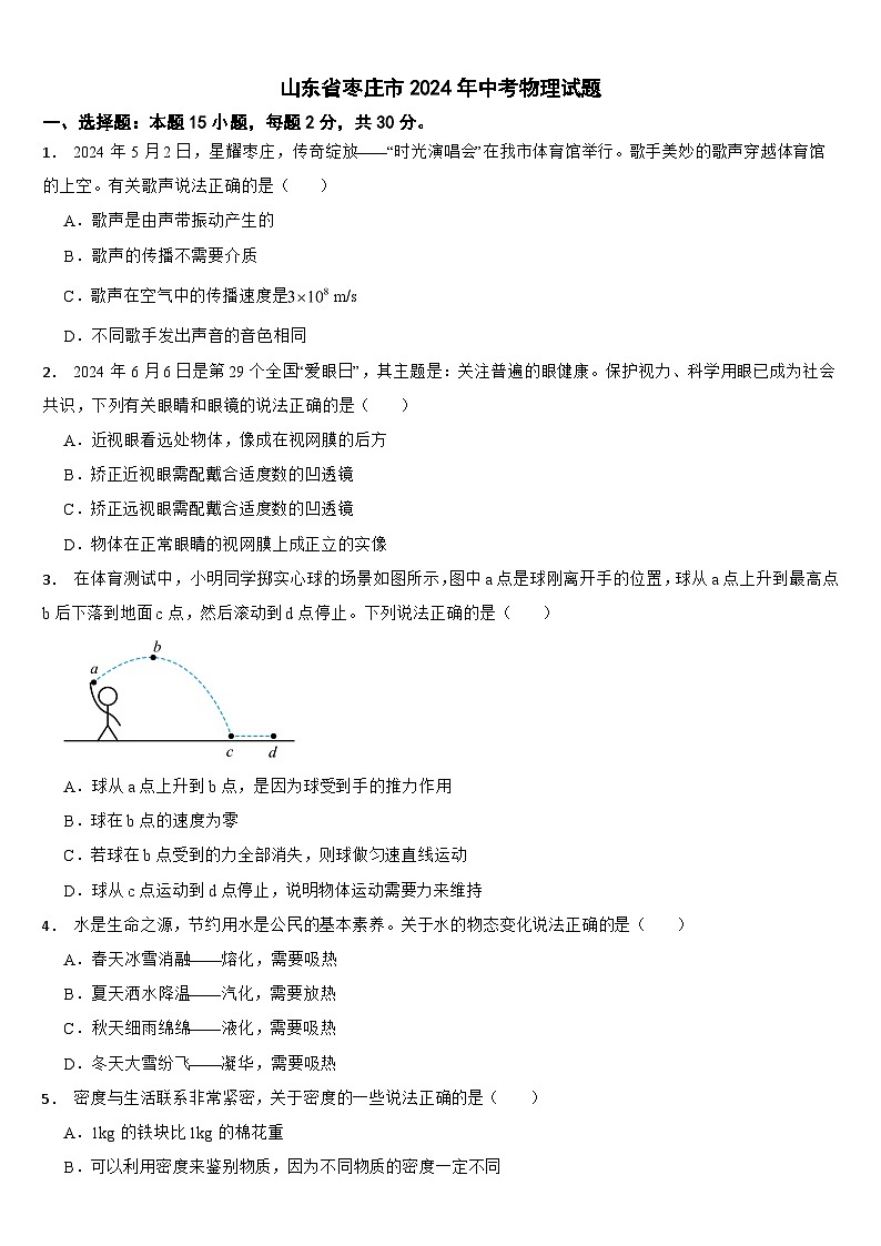 山东省枣庄市2024年中考物理试题【附真题答案】01