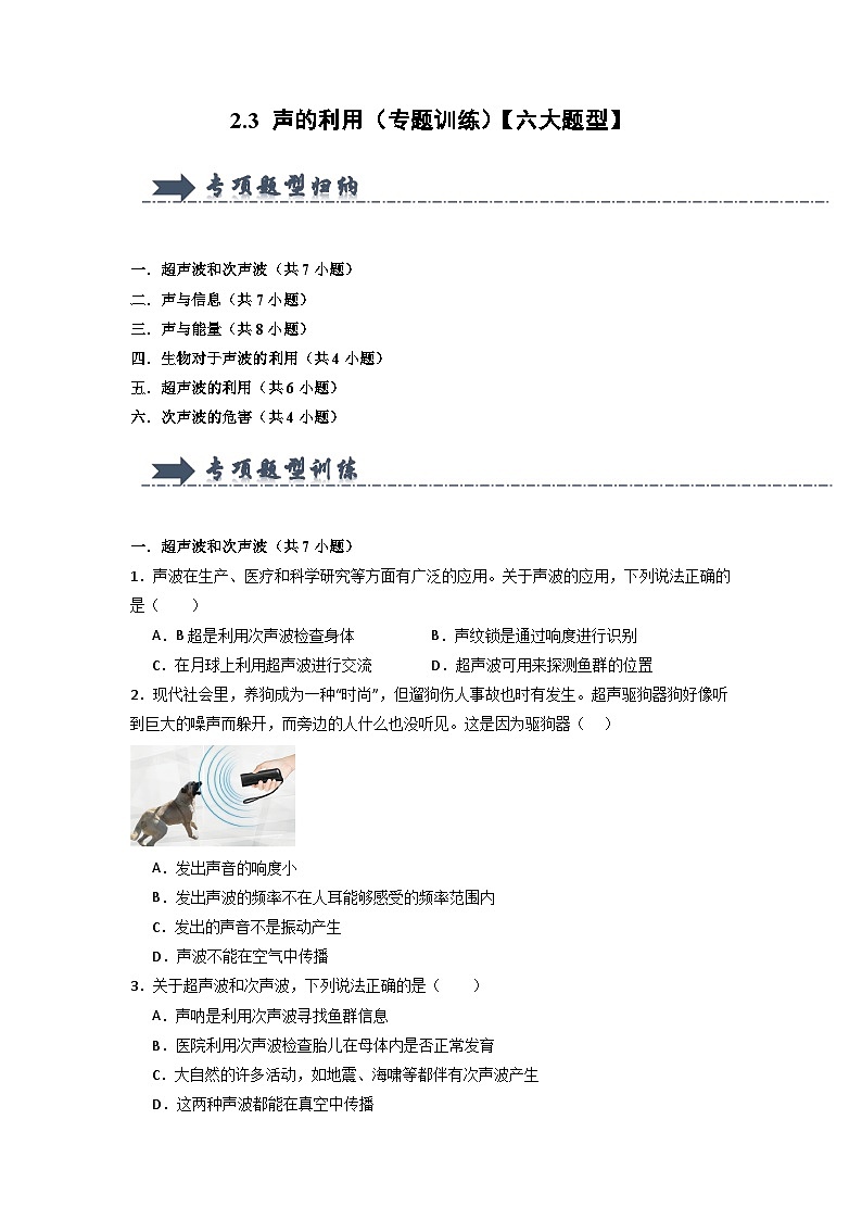 2.3 声的利用（专题训练）【六大题型】（原卷版）第1页