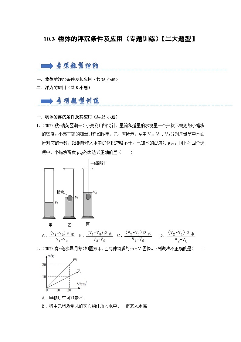 10.3 物体的浮沉条件及应用（专题训练）【二大题型】（原卷版）第1页