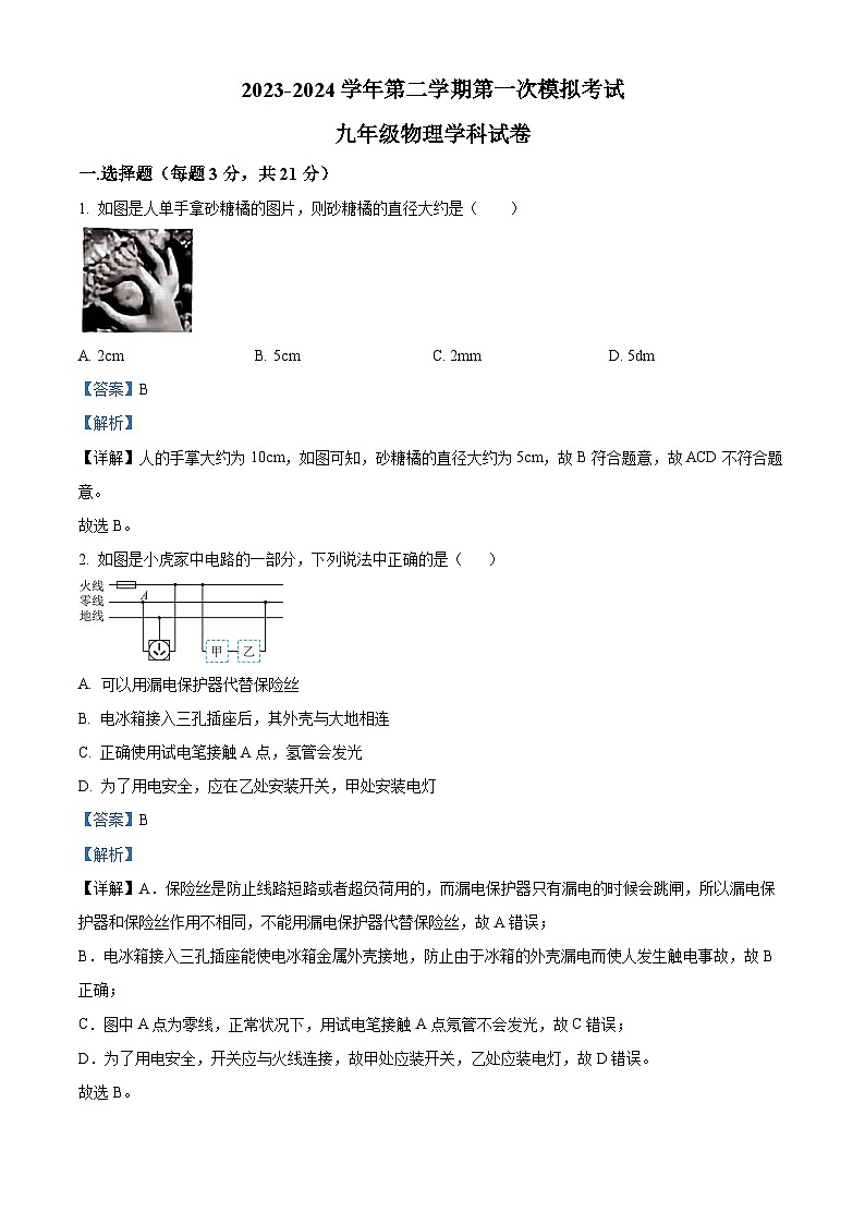 2024年广东省东莞市石碣镇联考中考一模物理试题（解析版）01