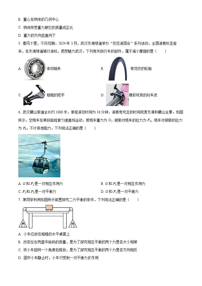 湖北省武汉市江岸区2023-2024学年八年级下学期期中物理试题（原卷版）第2页