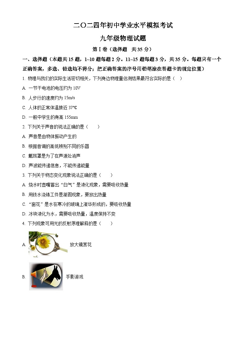 2024年山东省泰安市刘杜镇中学中考一模物理试题（原卷版+解析版）01