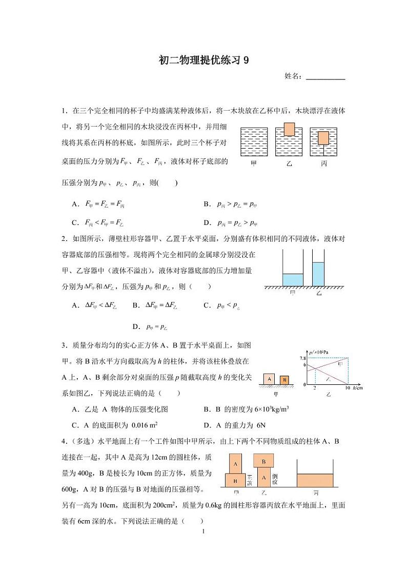 江苏省南京建邺区金陵中学河西分校2023-2024学年八年级下学期物理提优试卷（9）第1页