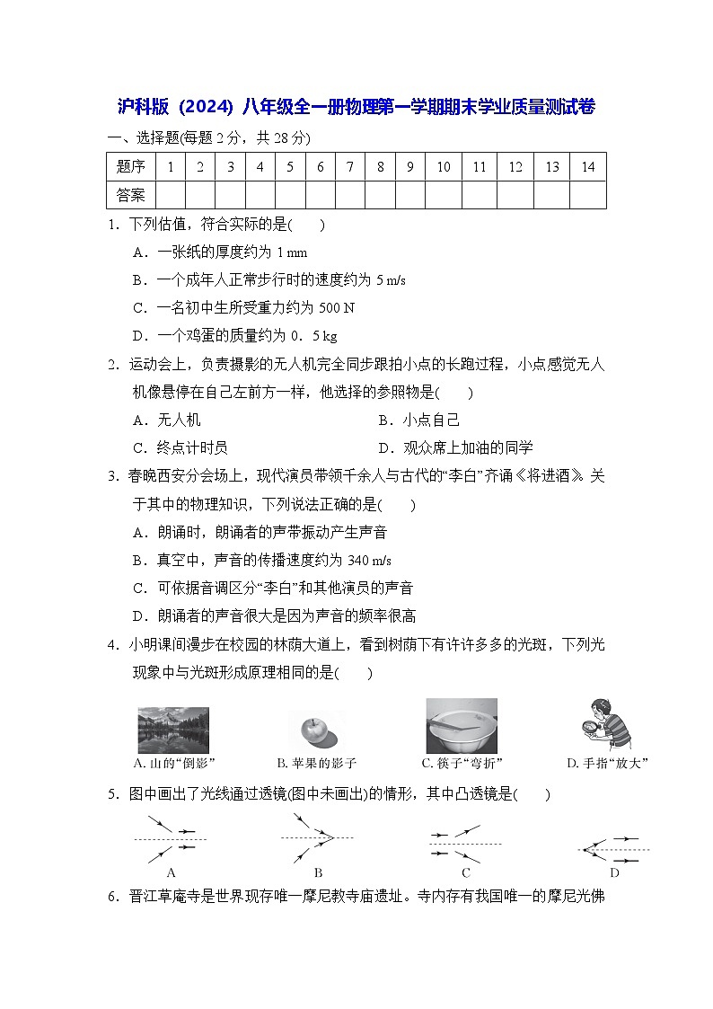 沪科版（2024）八年级全一册物理第一学期期末学业质量测试卷（含答案）01