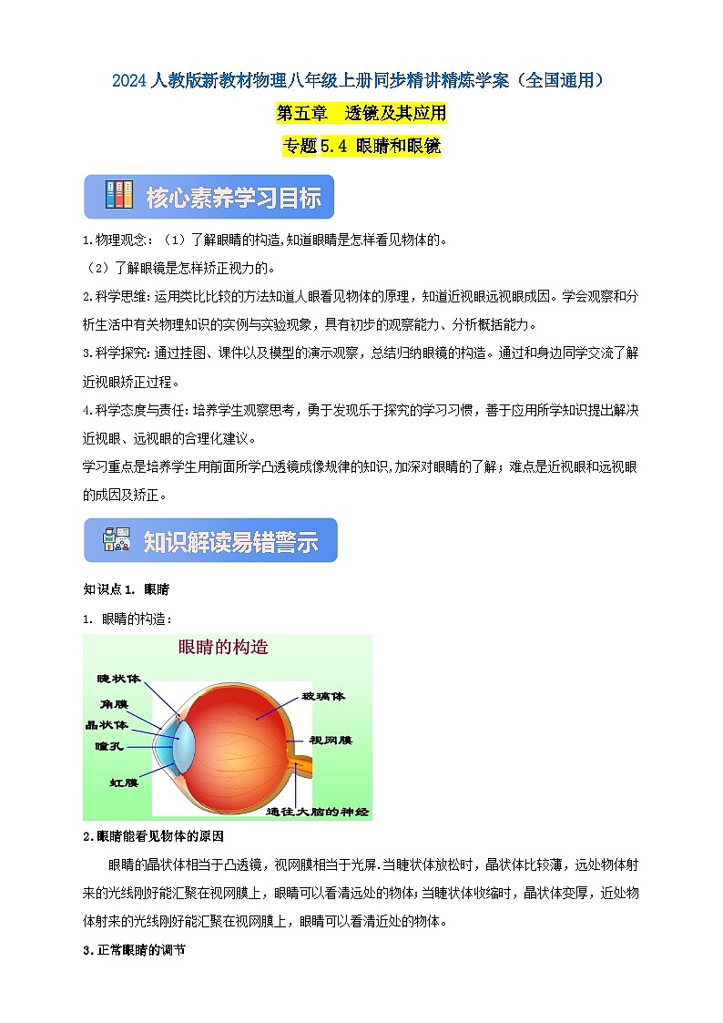 人教版（2024）初中物理新教材八年级上册学案-专题5.4 眼睛和眼镜（原卷版+解析版）01