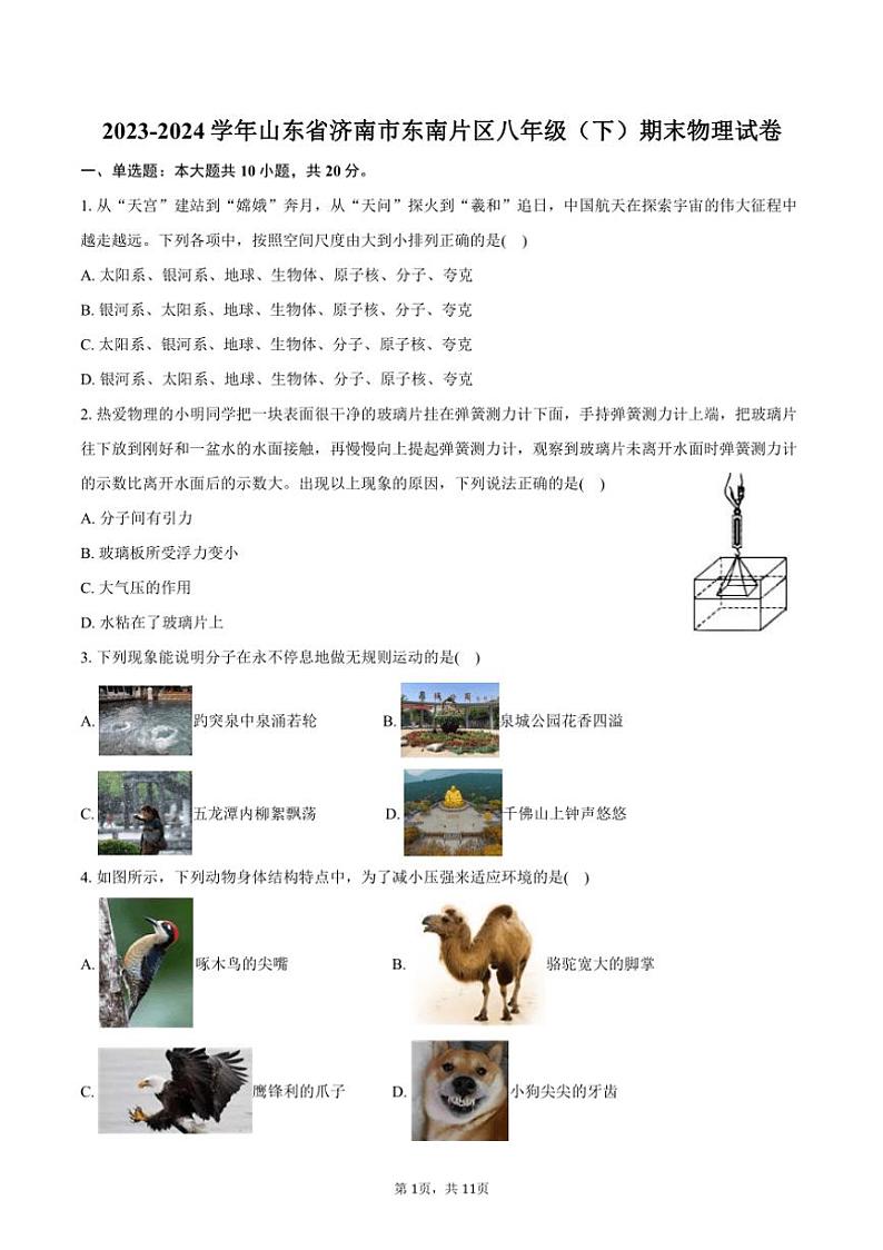 [物理]2023～2024学年山东省济南市东南片区八年级(下)期末物理试卷(有答案)第1页