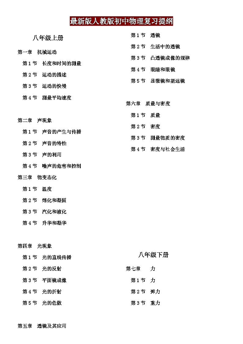 最新版人教版初中物理复习提纲 学案01