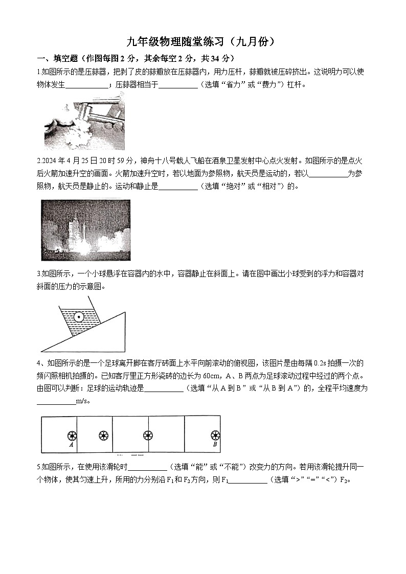 安徽省池州市贵池区2024-2025学年九年级上学期开学物理试卷+01