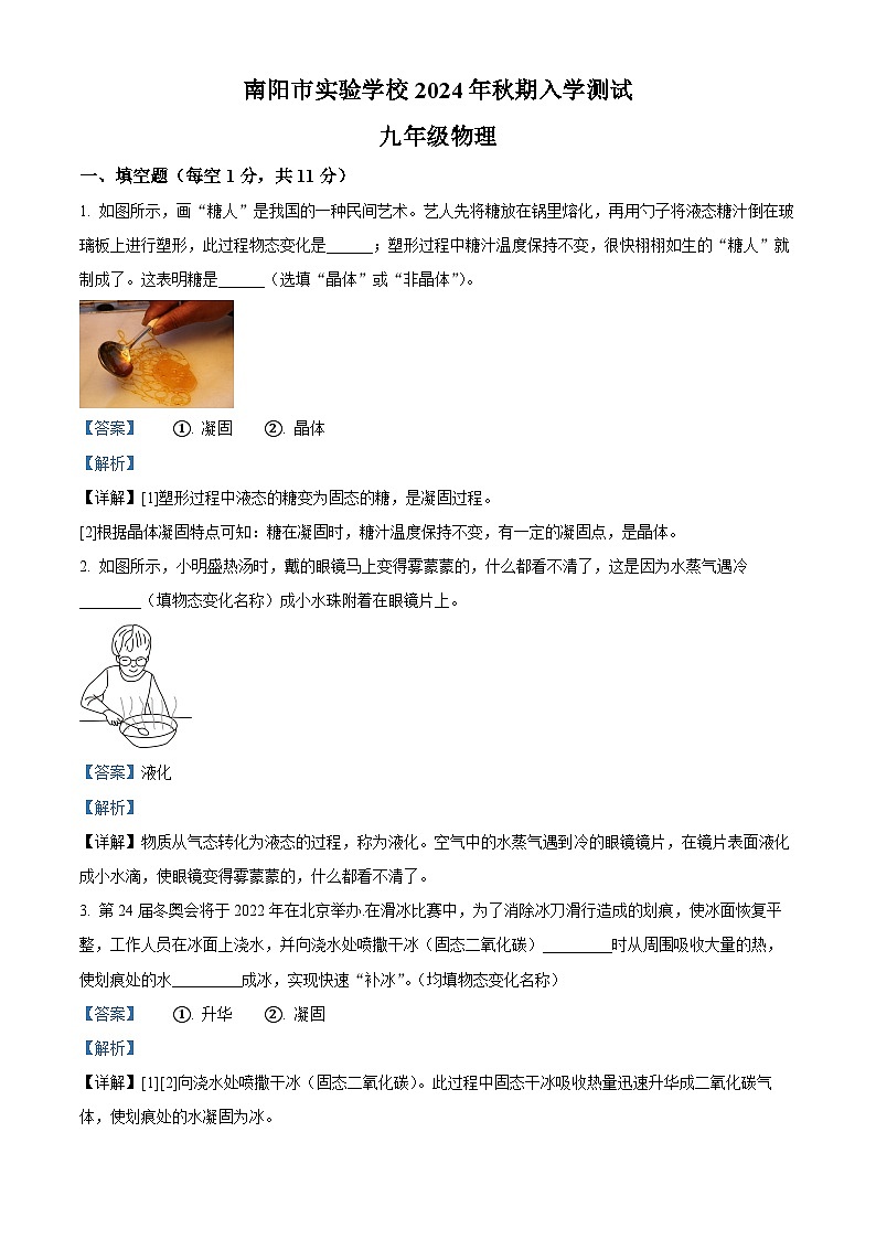 河南省南阳市实验学校2024-2025学年九年级上学期入学测试物理试题（解析版）第1页