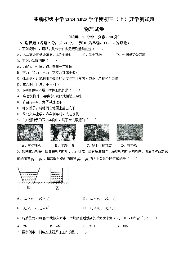 黑龙江省哈尔滨市双城区兆麟初级中学2024-2025学年九年级上学期开学物理试题(无答案)01