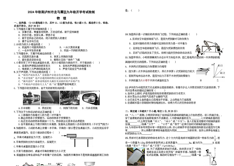 四川省泸州市龙马潭区两校联考2024-2025学年九年级上学期开学物理试题01