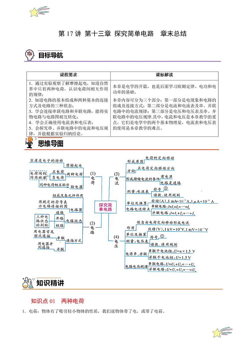 第十七讲 第十三章 探究简单电路-章末总结（含答案）（沪粤版） 2024-2025学年九年级物理全一册同步学与练（沪粤版）01