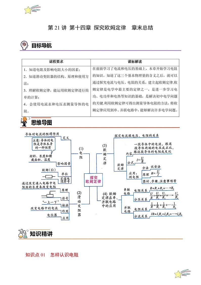 第21讲 第十四章 探究欧姆定律-章末总结（学生版）（沪粤版） 2024-2025学年九年级物理全一册同步学与练（沪粤版）第1页
