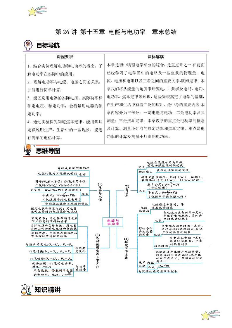 第26讲 第十五章 电能与电功率-章末总结（教师版）（沪粤版） 2024-2025学年九年级物理全一册同步学与练（沪粤版）第1页