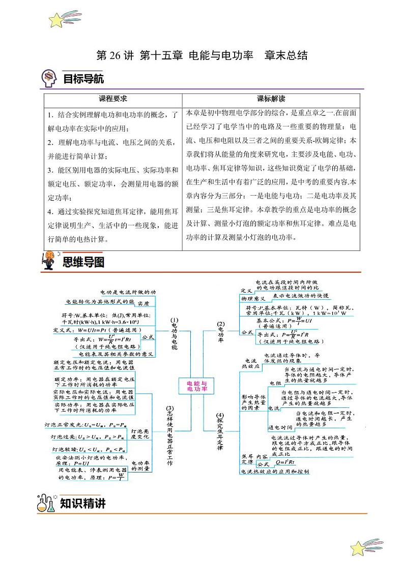 第26讲 第十五章 电能与电功率-章末总结（学生版）（沪粤版） 2024-2025学年九年级物理全一册同步学与练（沪粤版）第1页