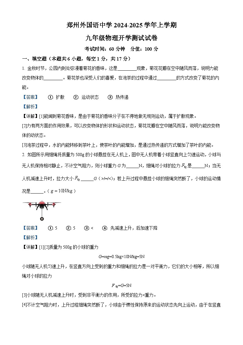 河南省郑州外国语中学2024-2025学年九年级上学期暑假作业评价（开学考试）物理试题 （解析版）01