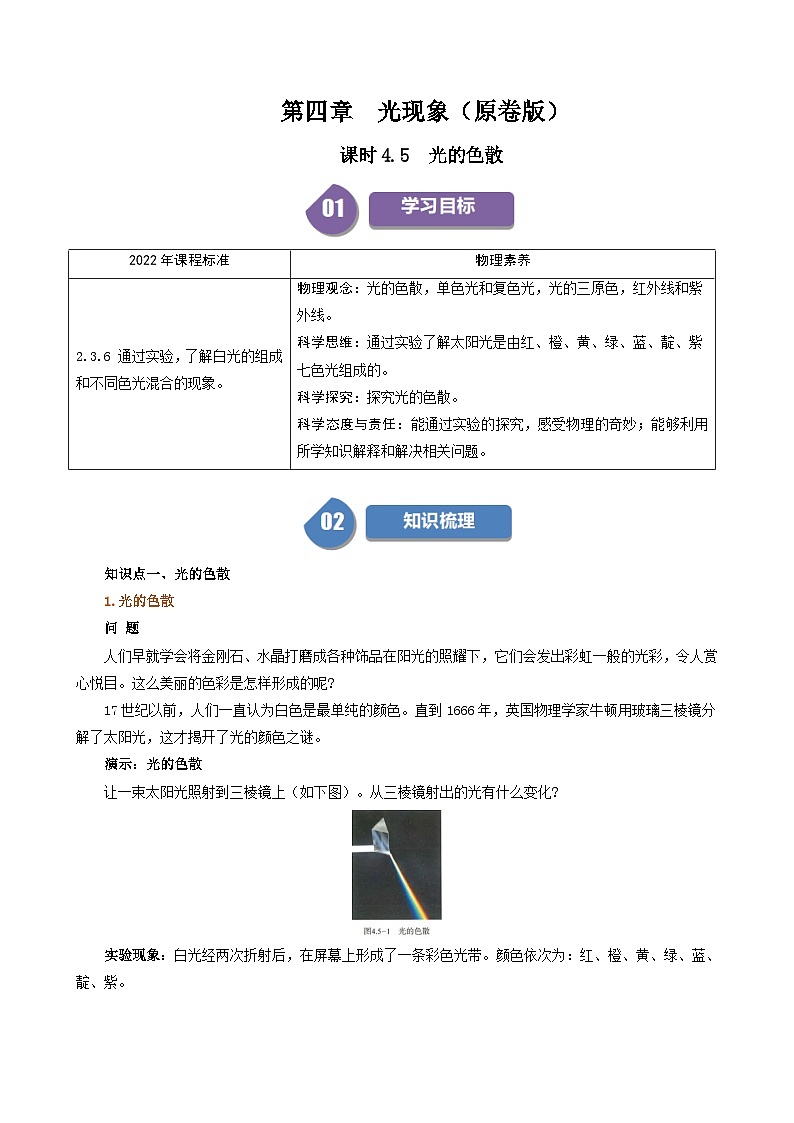 人教版2024-2025学年八年级物理上册同步精品讲义专题4.5光的色散(学生版+解析)01