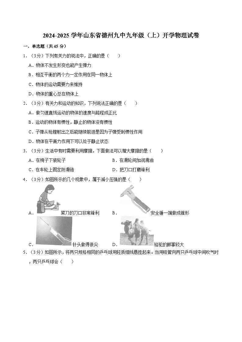 山东省德州市第九中学2024-2025学年上学期九年级开学检测物理试题01