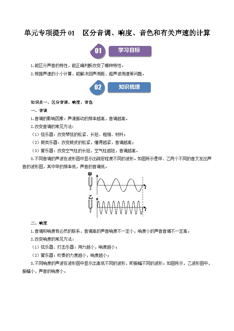 人教版2024-2025学年八年级物理上册同步精品讲义专题2.5单元专项提升01区分音调、响度、音色和有关声速的计算(学生版+解析)第1页