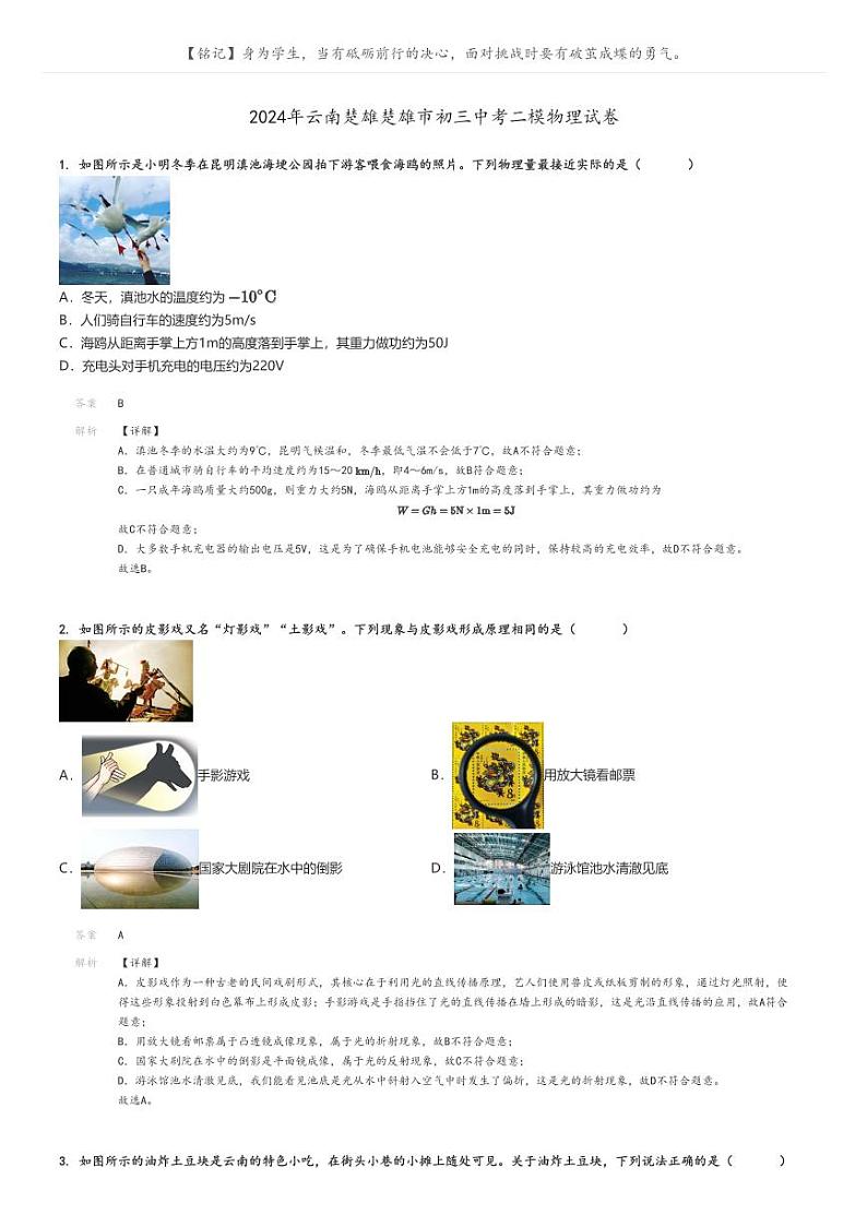 [物理][二模]2024年云南楚雄楚雄市初三中考真题二模物理试卷解析版第1页