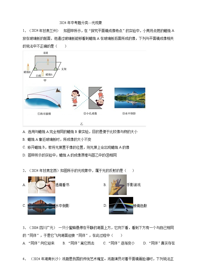 专题02 光现象（练习）-【备考2025】年中考2024物理真题分类汇编（原卷+解析）01