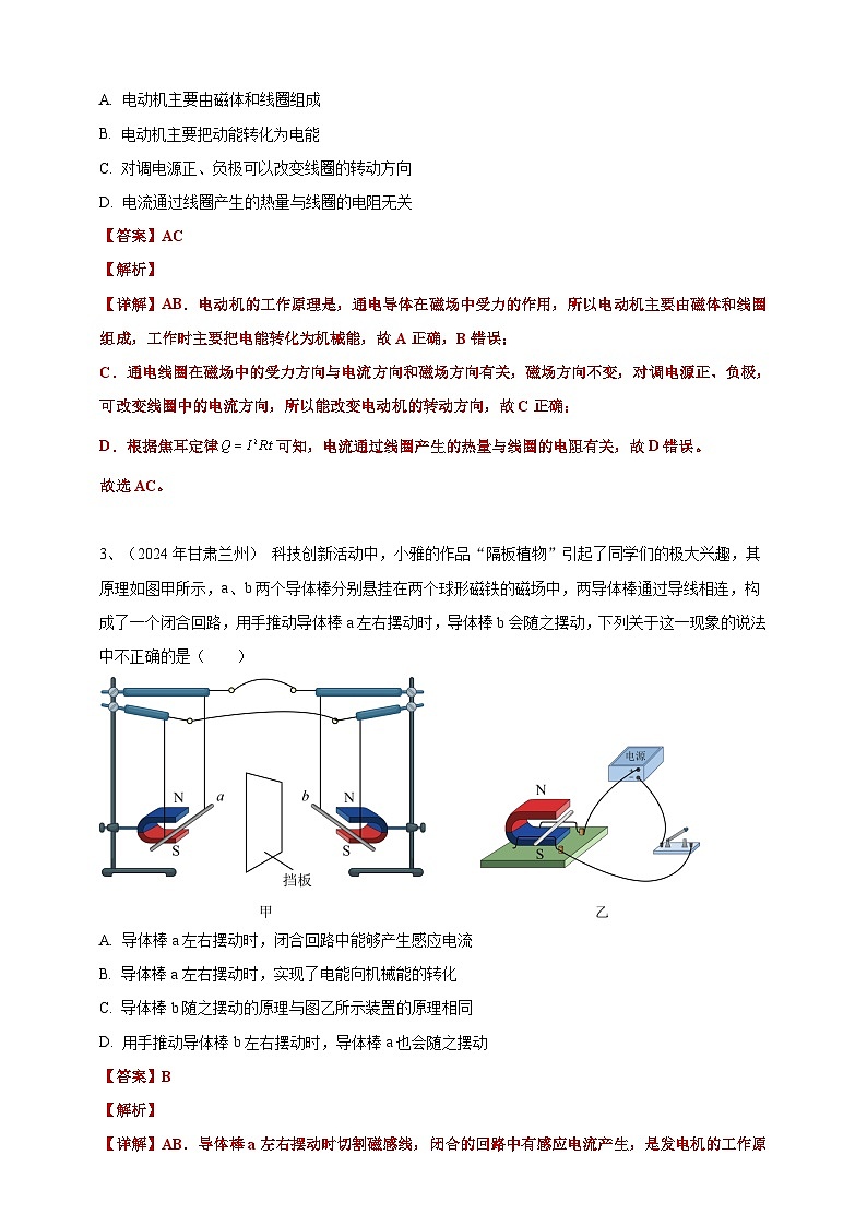 专题23 电动机与发电机（练习）-【备考2025】年中考2024物理真题分类汇编（原卷+解析）02