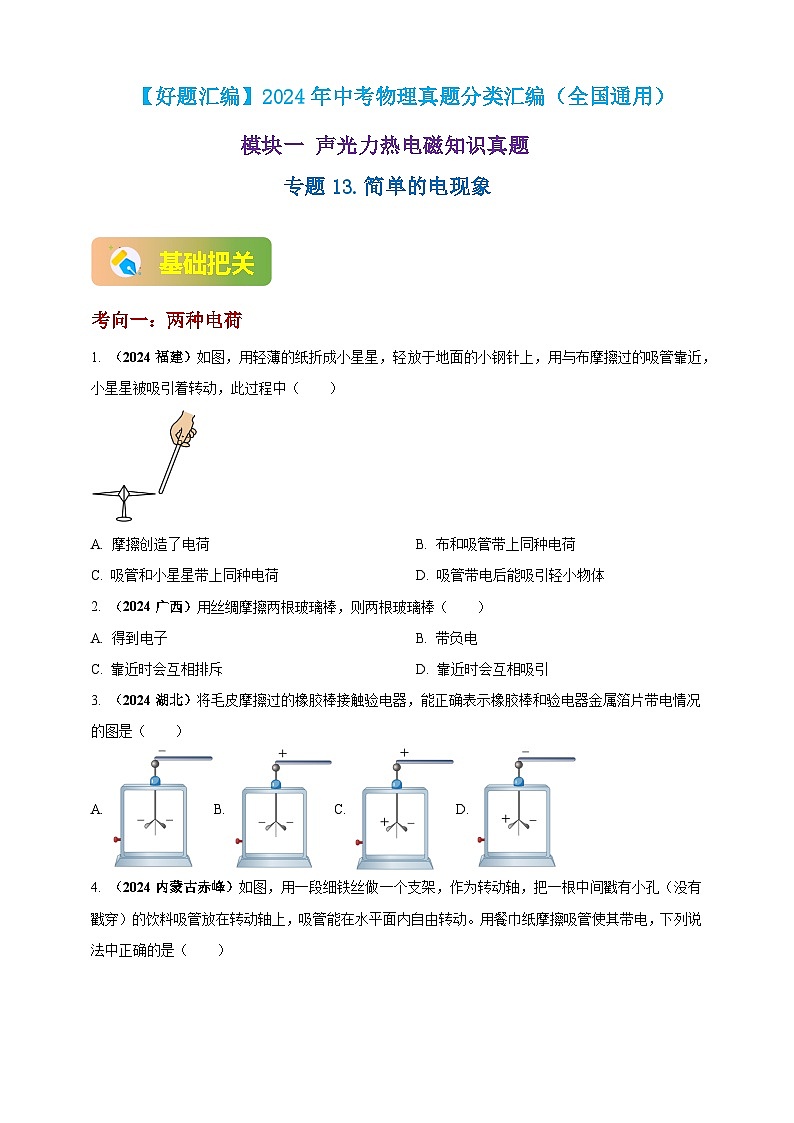 模块一 专题13 简单的电现象（原卷版 )第1页