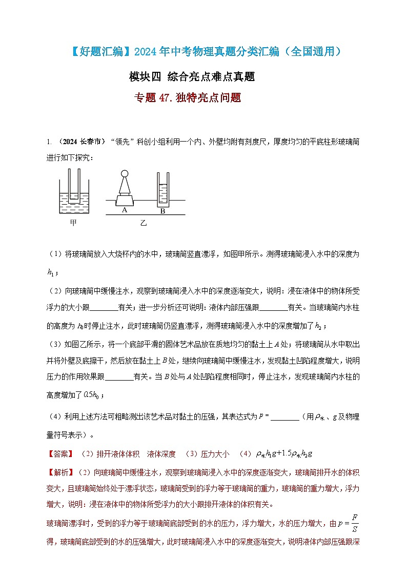 模块四 应用 专题47 独特亮点问题（练习）-2024年中考物理真题分类汇编01