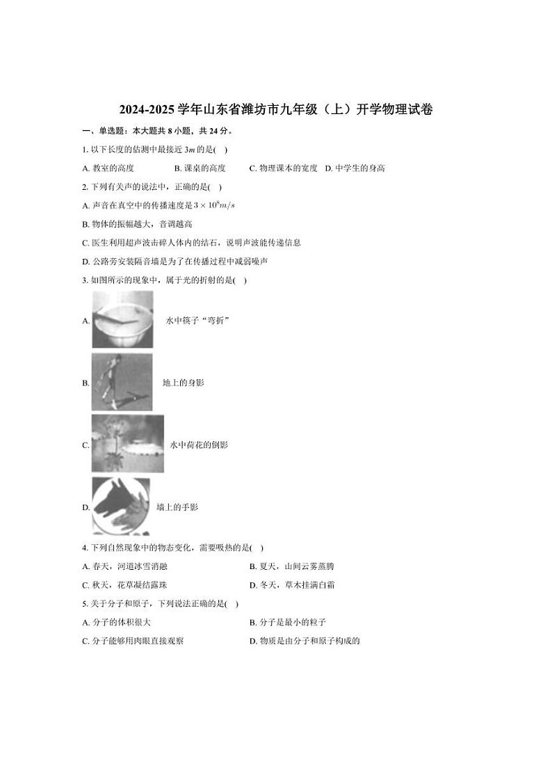 [物理]2024～2025学年山东省潍坊市九年级上学期开学试卷(有解析)第1页