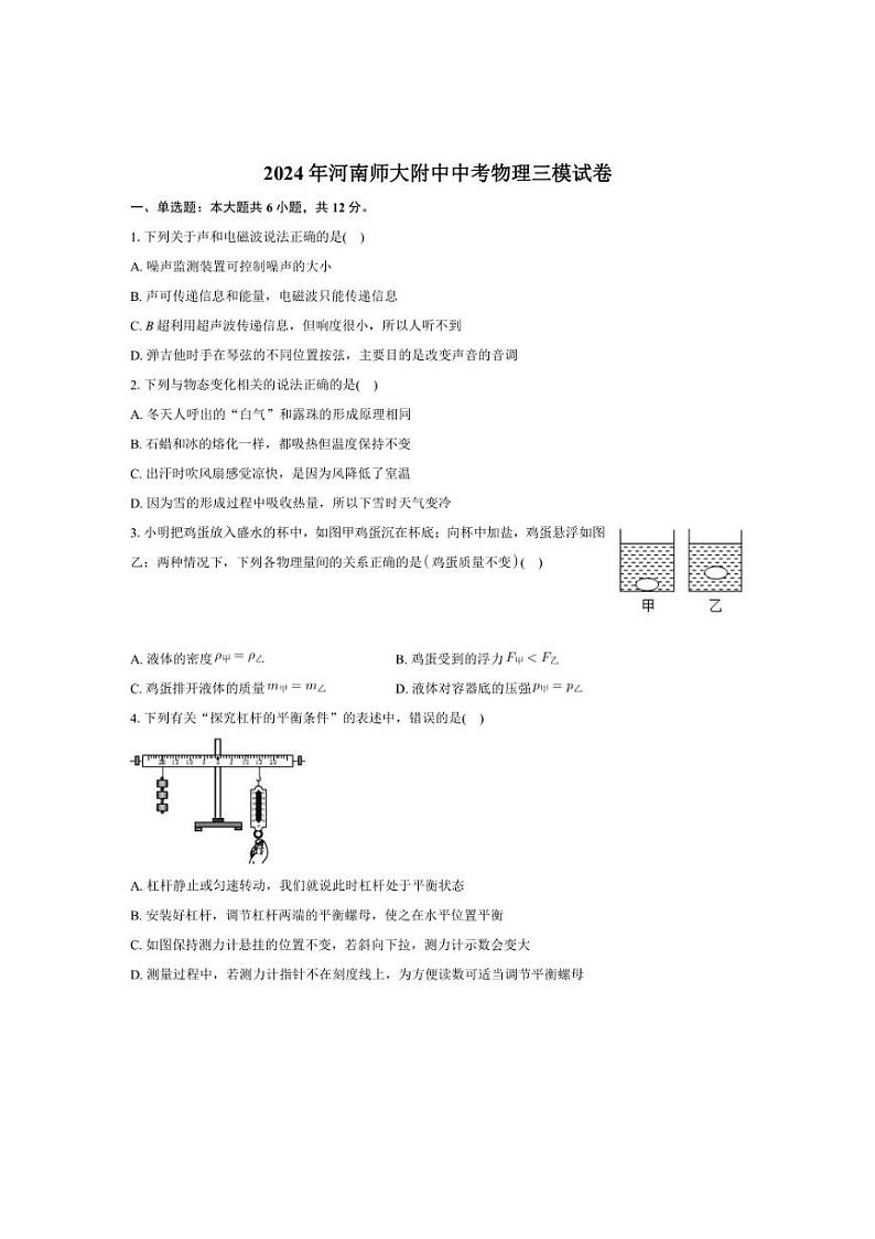[物理][三模]2024年河南省郑州市河南师大附中中考试卷(有解析)01