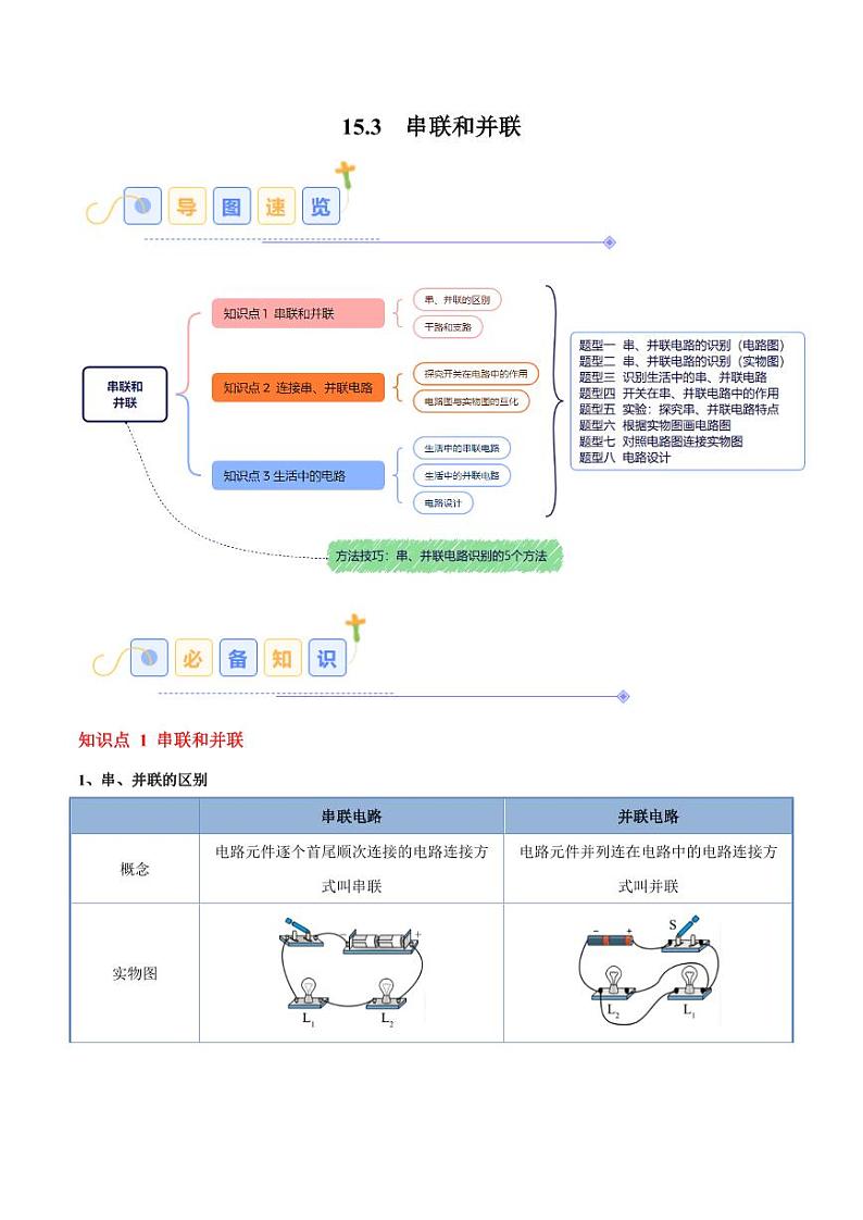 15.3 串联和并联（8大题型）（教师版） 2024-2025学年九年级物理全一册同步题型分类讲与练（人教版）第1页