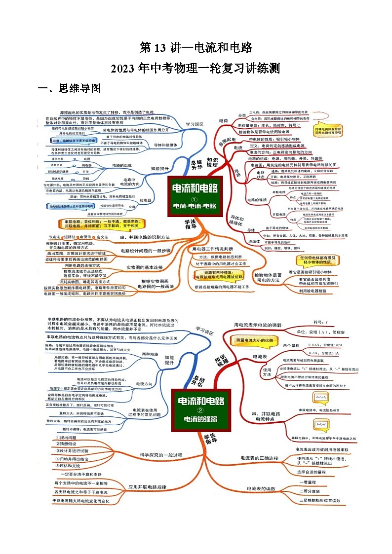 中考物理一轮复习讲练测(全国通用)第13讲—电流和电路(思维导图+考点精讲+例题精析)(原卷版+解析)第1页