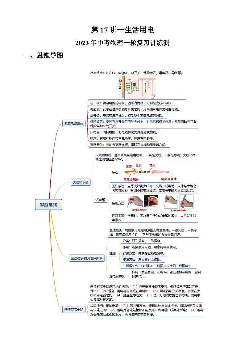 中考物理一轮复习讲练测(全国通用)第17讲—生活用电(思维导图+考点精讲+例题精析)(原卷版+解析)第1页