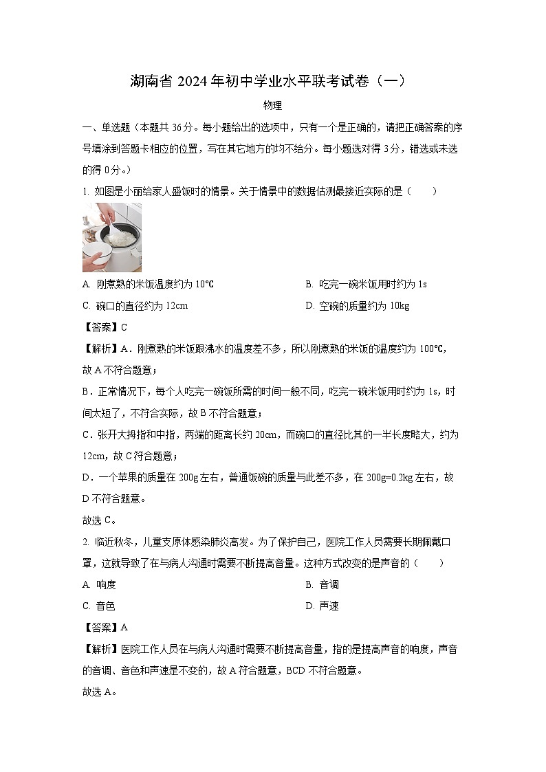 [物理]湖南省2024年中考模拟试题(解析版)第1页